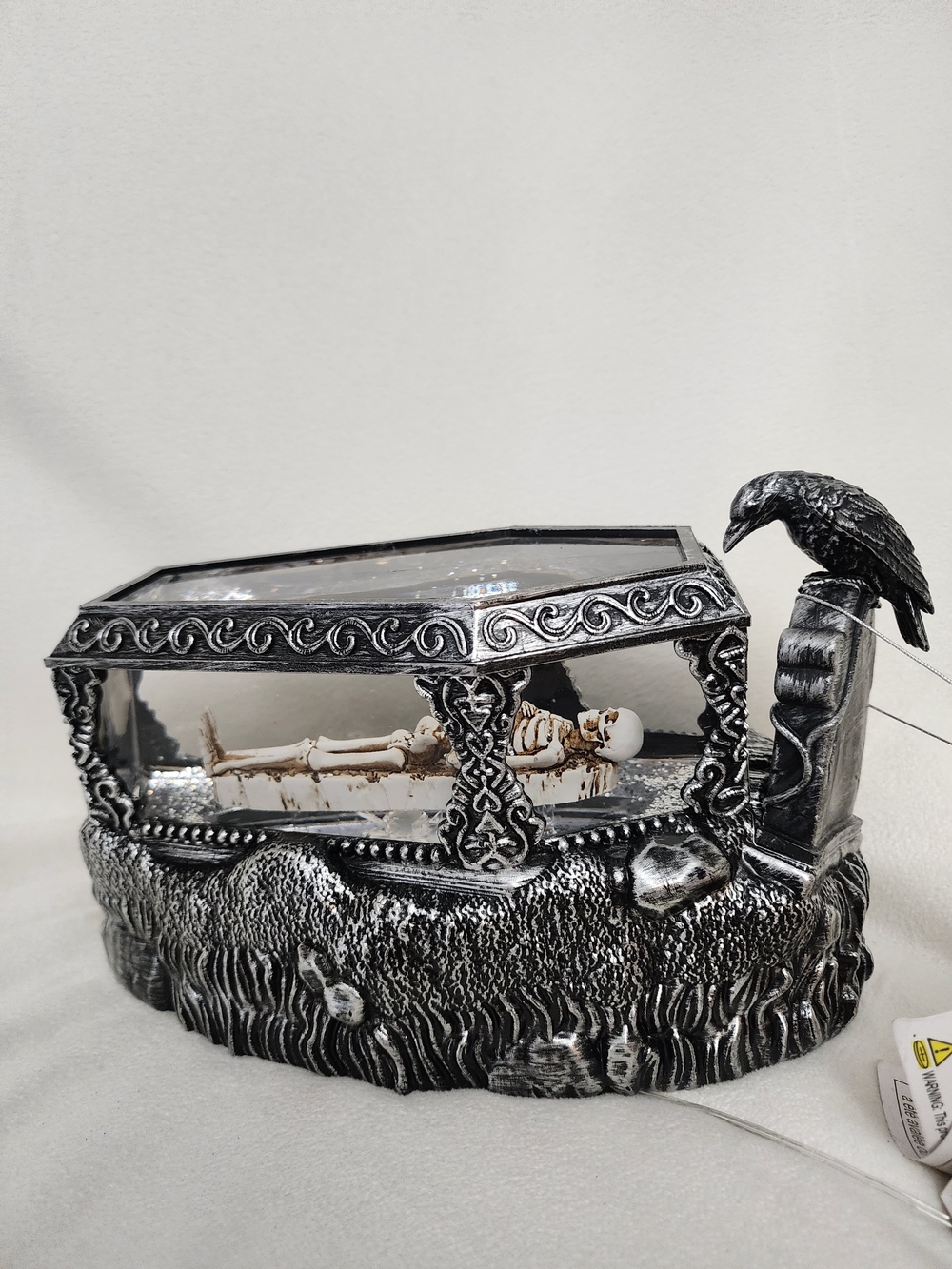 Silver Gothic Raven Glass Lightup Coffin Skeleton Décor